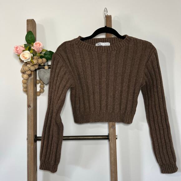 Zara Long Sleeve Crew Neck Cropped Brown Sweater Size Small - Picture 1 of 6